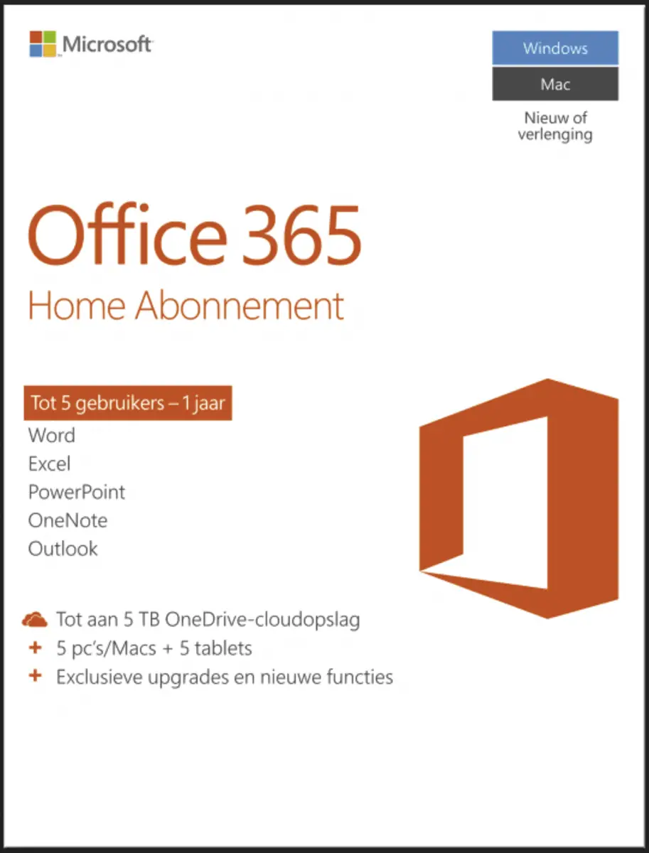 Microsoft Office 365 Home 5-PC/MAC 1 jaar