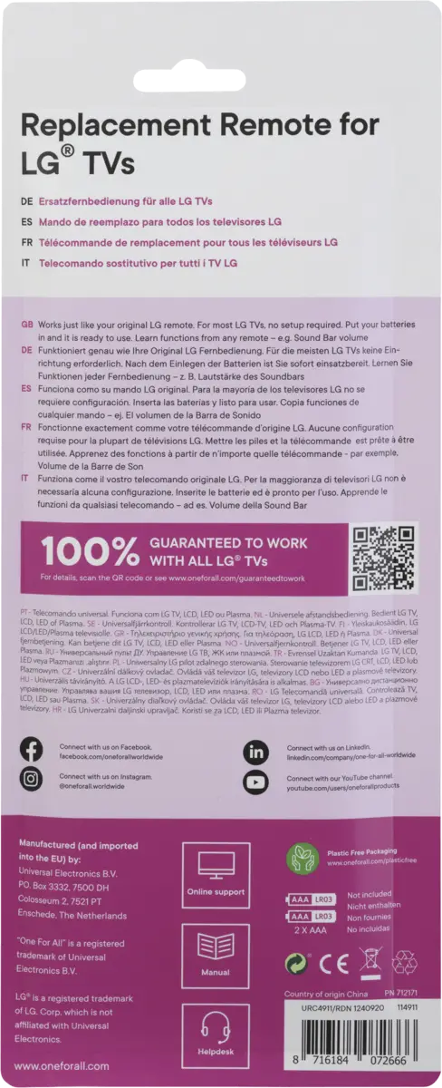 URC4911 Vervangende afstandsbed. - LG