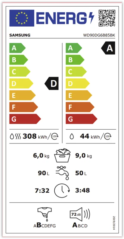 Samsung WD90DG6B85BKU3 energielabel