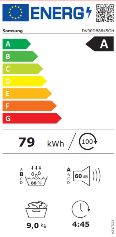Samsung DV90DB8845GHU3 energielabel