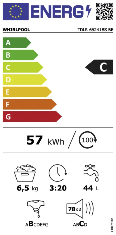 Whirlpool TDLR 65241BS BE energielabel