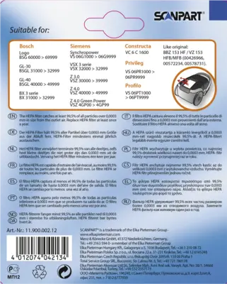 1190000212 HEPAfilter H12 (niet uitwasbaar)
